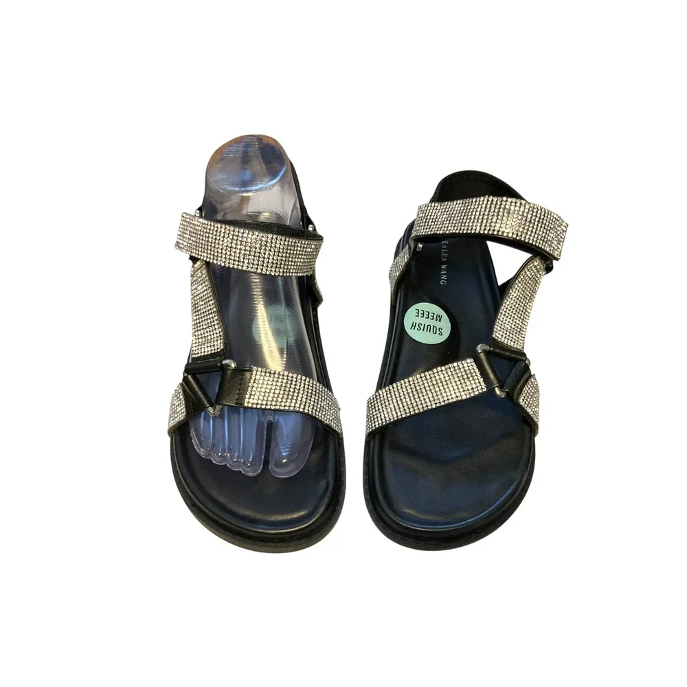 Azalea Wang Black Rhinestone‎ Embellished Flat Sandals Velcro Straps SZ 8  (#4)